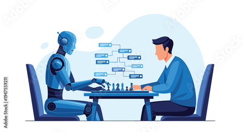 A blue humanoid robot and a man in a blue shirt sit opposite each other playing chess at a table.
