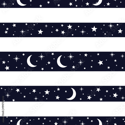 Seamless pattern of white crescent moons and stars on dark blue stripes