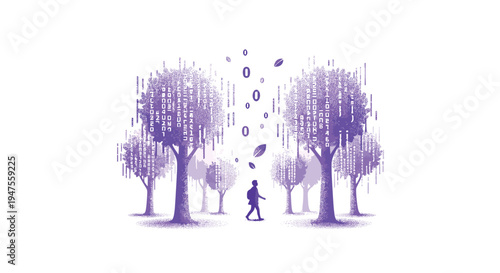 A small person walks through a dense forest of textured purple digital trees with falling binary digits on a bright white background.