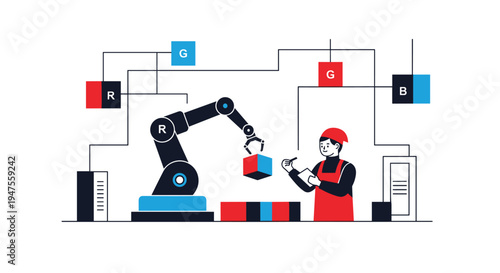 A robotic arm manipulates colored cubes on a table while a worker observes a data flow diagram.