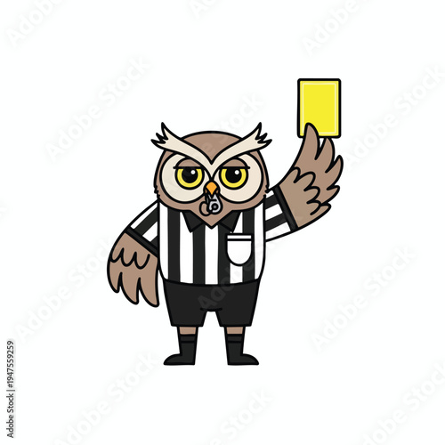 Cartoon owl referee holds up a yellow card and a whistle