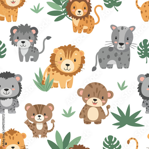 Adorable cartoon jungle animals and foliage on a white background