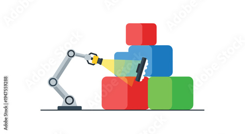 A light grey robotic arm with a scrubbing brush cleans a stack of large, brightly colored cubes.