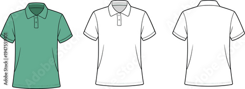 Green and White Polo Shirt Technical Sketch Set, Front and Back View CAD Drawing Flat Vector Illustration for Apparel Fashion Design