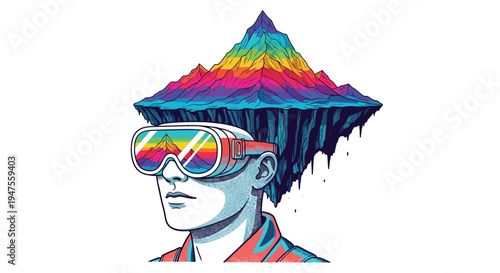 A person wearing rainbow-reflective VR goggles looks forward at a vibrant, floating rainbow mountain island.