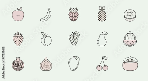 Fresh set of fruits and vegetables icons featuring vector illustrations of apple, strawberry, tomato, and banana for vegetarian food symbols