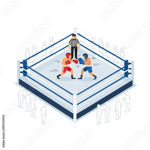 Two boxers in red and blue gear fight in a ring, overseen by a referee, with onlookers