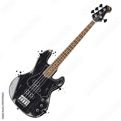 Distressed black electric bass guitar with paint splatters