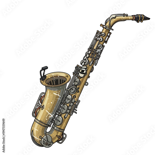 Golden saxophone isolated on white background, musical instrument illustration