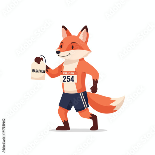 Anthropomorphic fox wearing running attire, holding a race bib and medal