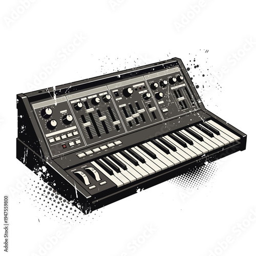 Vintage Analog Synthesizer Keyboard with Grungy Splatter Effect