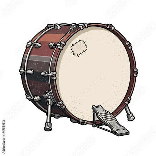 Vintage Bass Drum with Pedal, Musical Instrument Illustration