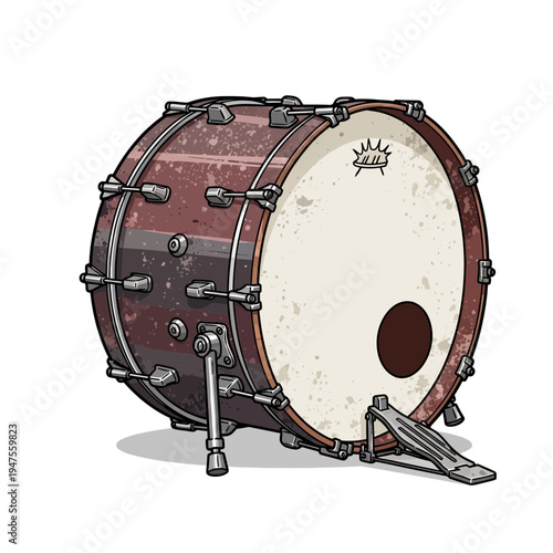 Vintage Bass Drum with Pedal, Isolated on White Background