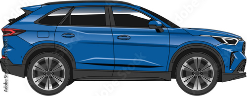 A blue SUV with a modern design is shown in a side view against a white background