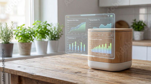 Wooden countertop compost bin with digital interface showing decomposition rate, temperature charts, and sustainability index in a bright modern kitchen. High quality photo