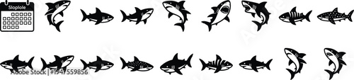 Shark silhouette vector collection, marine predator icon set, great white shark shapes, ocean wildlife symbols for aquatic design projects