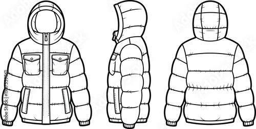 Hooded Puffer Jacket Technical Flat Sketch Vector Template with Quilted Padding and Pockets for Fashion Design CAD Tech Pack Mockup