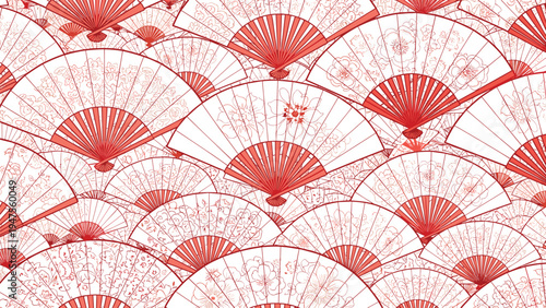 Decorative seamless pattern of traditional Japanese fans with delicate floral and cherry blossom cherry designs.