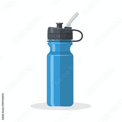 Blue plastic water bottle with a black lid and straw, isolated on white