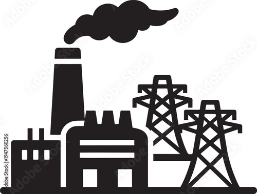 Industrial Power Plant Factory with Electrical Pylons and Smoke Stacks Silhouette