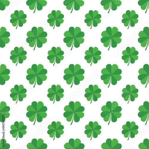 Seamless pattern of green four-leaf clovers on white background