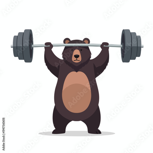 A brown bear stands on hind legs, lifting a heavy barbell overhead
