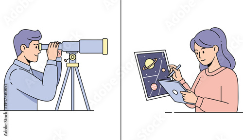 Astronomer observing planets with telescope and scientist studying solar system illustration space research astronomy education and planetary science exploration concept