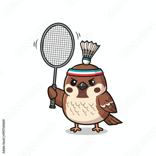 Cartoon sparrow with a badminton racket and shuttlecock on its head