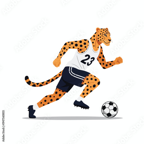 Anthropomorphic cheetah in soccer uniform dribbling a ball, running