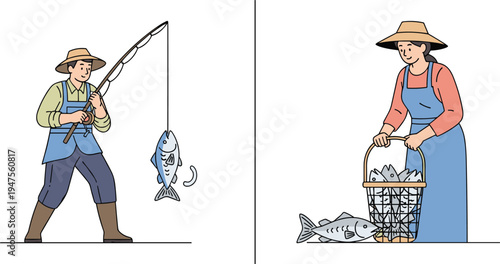 Fisherman catching fish with rod and fisherwoman carrying basket of fresh fish traditional fishing activity seafood harvest illustration