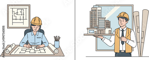 Architect designing building blueprint and construction engineer presenting architectural model urban development planning architecture design illustration
