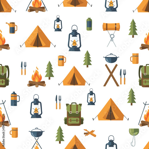 A playful pattern of camping essentials like tents, lanterns, and campfires