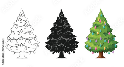 Decorative vector illustration of a festive Christmas tree with lights and ornaments in three distinct graphic styles