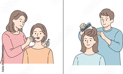 Hair stylist doing hairstyle and makeup artist applying cosmetics to client beauty salon service personal care illustration