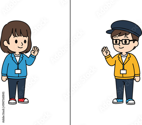 Friendly service workers greeting customers wearing uniforms and name badges customer service staff illustration