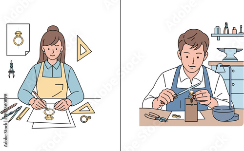 Jewelry designer and goldsmith crafting ring and gemstone in workshop using tools and measuring instruments artisan jewelry making illustration
