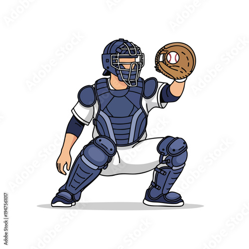 Baseball catcher in protective gear catching a ball with glove