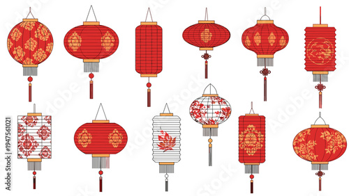 Collection of traditional chinese red and white lanterns with various shapes patterns and tassel decorations for festive celebrations.