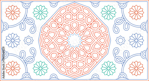 Intricate geometric floral pattern with octagonal design and colorful motifs on white background