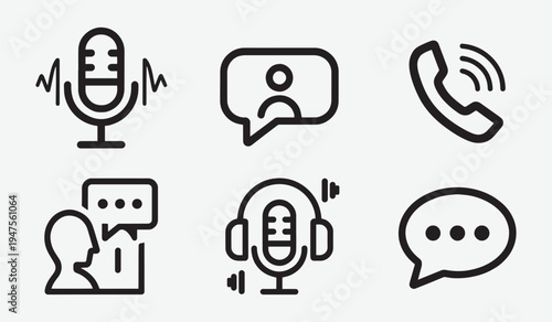 Set of 6 communication and audio vector icons featuring microphone, speech bubbles, and phone symbols