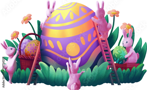 Cute Easter Bunnies Decorating Giant Colorful Egg