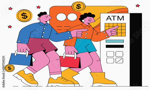 Couple cheerfully using an atm to withdraw money while shopping with bags high quality professional detailed