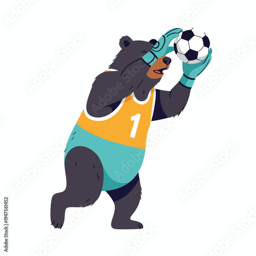 A cartoon bear in goalie gear catches a soccer ball
