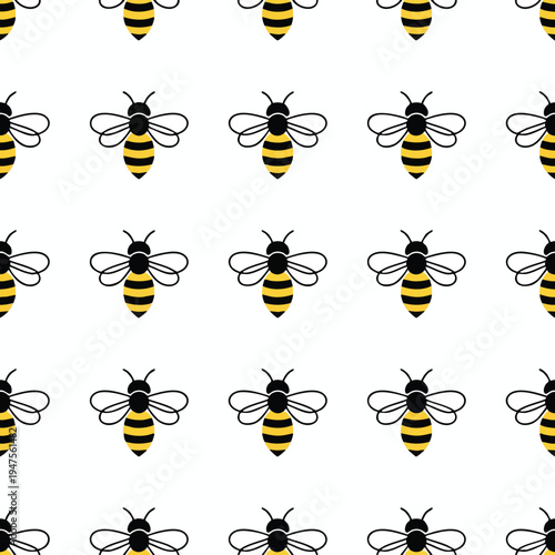 Repeating pattern of stylized bees with black stripes on yellow bodies and clear wings