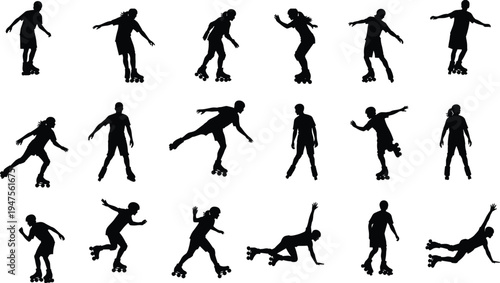 Roller skating people silhouette collection with dynamic skating poses, sport activity vector set isolated for recreation, fitness and skating design