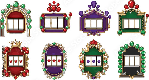Luxury casino slot machine frames with jewels and gold ornaments, vintage gambling game window designs isolated on white background
