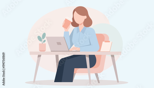 Dedicated professional woman efficiently managing her workload at a modern desk setup, highlighting the advantages of remote work and flexible productivity