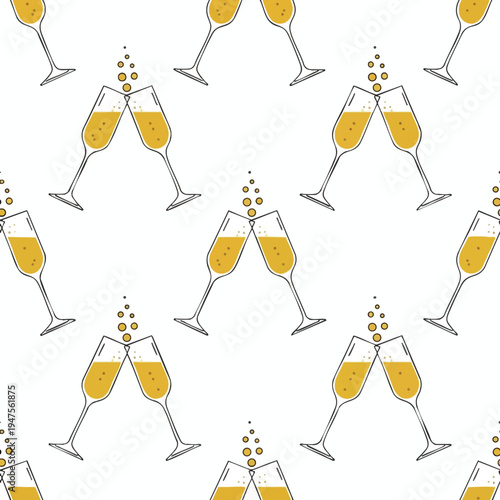 Seamless pattern of champagne flutes toasting, with bubbles rising
