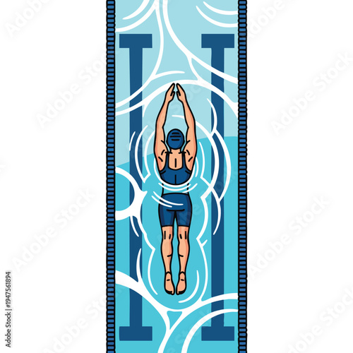 Swimmer with arms raised in a pool lane, creating ripples