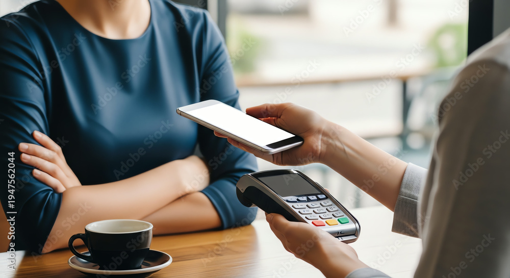 Fototapeta premium Customer paying with smartphone using contactless payment terminal in cafe